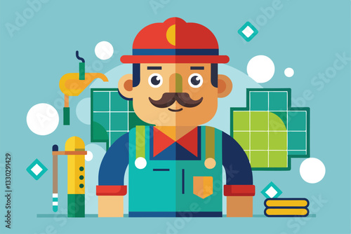 A cartoon tiler with a mustache is shown preparing tiles and tools for a renovation task, Tiler Customizable Disproportionate Illustration