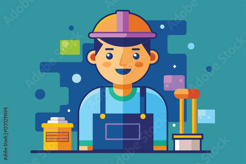 A tiler in a colorful outfit stands with tools, ready to start a tiling project in a cheerful environment, Tiler Customizable Flat Illustration