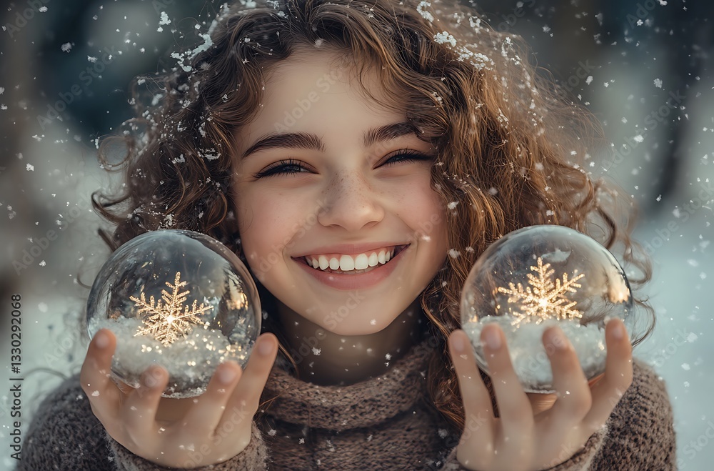 Naklejka premium Beautiful Young Woman with Curly Hair Smiling in Winter Portrait with Snow Falling and Christmas Ornaments in Warm Festive Atmosphere