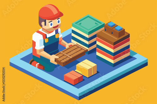 A tiler is focused on organizing various colorful blocks on a vibrant background, showcasing creativity, Tiler Customizable Isometric Illustration