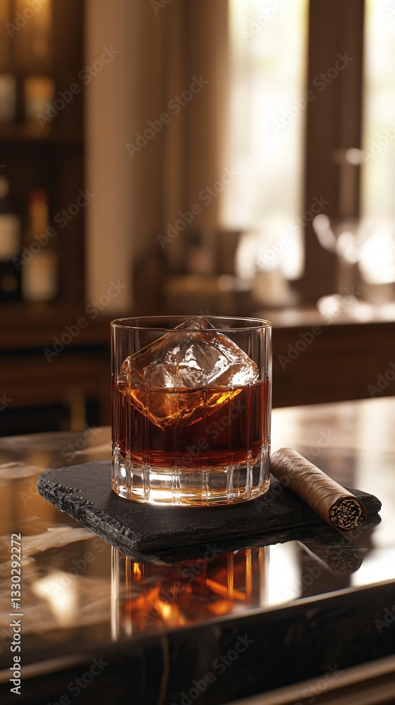 Rum and Hand-Rolled Cigars on a Mahogany Table. Copy space on the right. Generative AI Rum and Hand-Rolled Cigars on a Mahogany Table. Copy space on the right. Generative AI