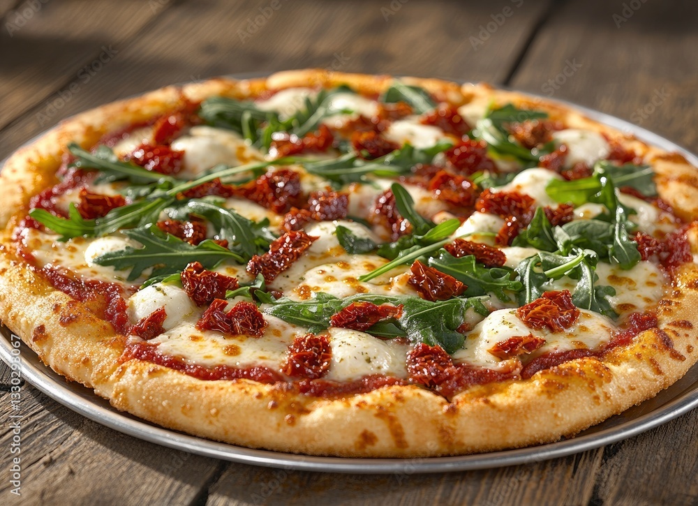Delicious Pizza with Mozzarella, Sun-dried Tomatoes and Arugula on Wood Table Delicious Pizza with Mozzarella, Sun-dried Tomatoes and Arugula on Wood Table