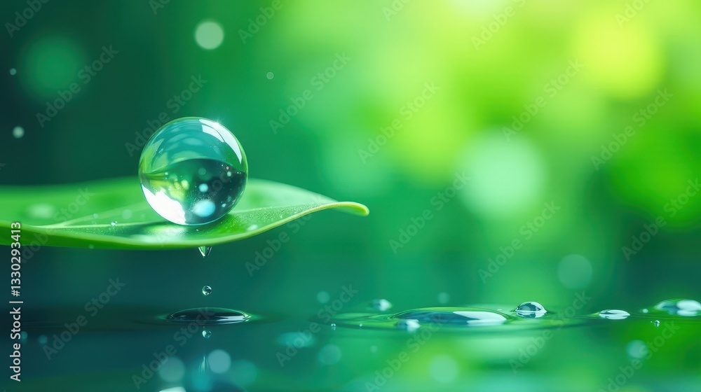 A minimalistic and modern greeting card design featuring a single sparkling water droplet resting on a vibrant green leaf, with soft bokeh effects in the background. A minimalistic and modern greeting card design featuring a single sparkling water droplet resting on a vibrant green leaf, with soft bokeh effects in the background.