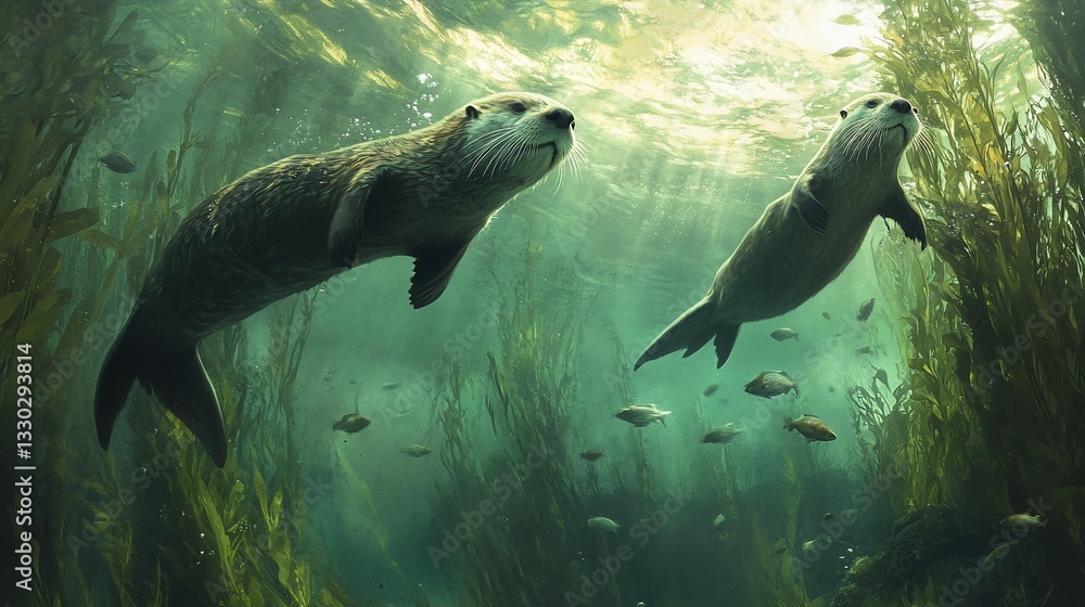 Obraz premium Two otters swim gracefully amidst kelp forest, sunlight streams through water, fish surround them
