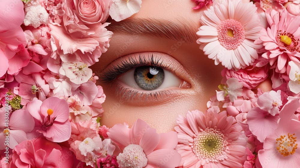 womans eye is prominently featured in the center, framed by an array of pink flowers, creating a striking contrast. This captivating display showcases the beauty of nature in spring womans eye is prominently featured in the center, framed by an array of pink flowers, creating a striking contrast. This captivating display showcases the beauty of nature in spring