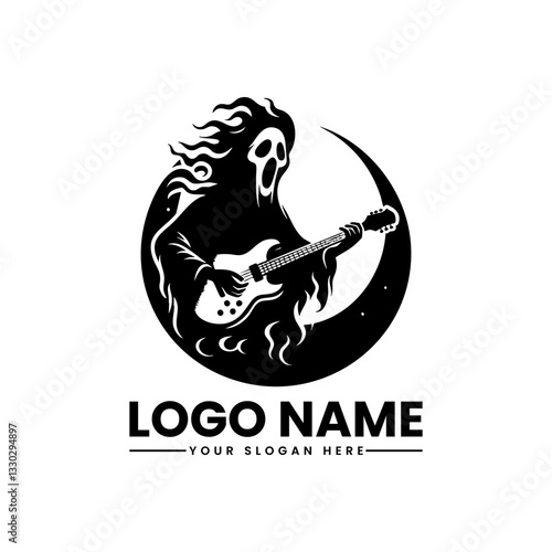 Energetic ghost guitarist logo, haunted rock band vector illustration with spooky negative space style