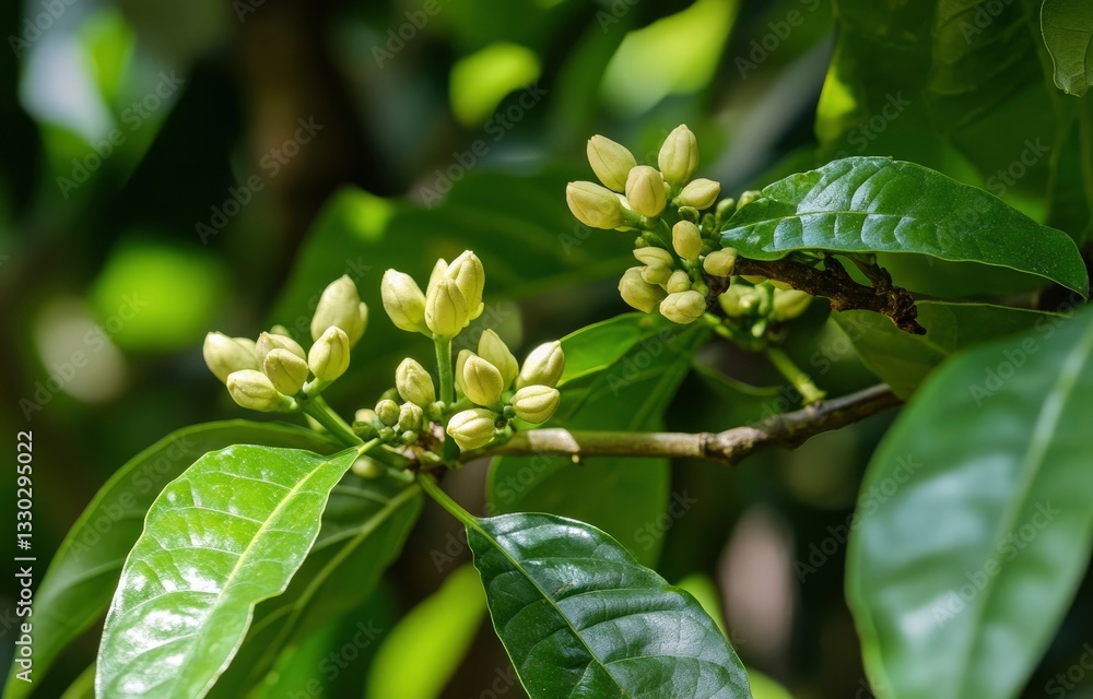 Coffee Plant Budding on Branch with Green Leaves in Garden Coffee Plant Budding on Branch with Green Leaves in Garden