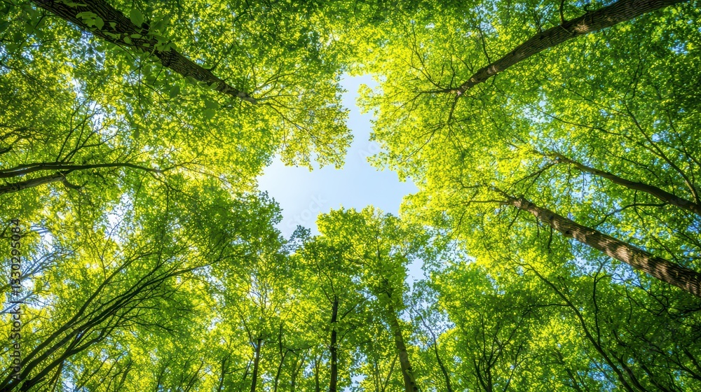 Breathtaking Perspective of Lush Green Tree Canopy Under Clear Blue Sky in Nature Breathtaking Perspective of Lush Green Tree Canopy Under Clear Blue Sky in Nature
