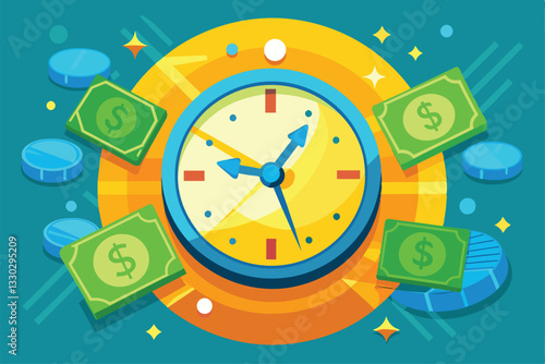 A colorful representation of a clock surrounded by dollar bills illustrating the concept of time as wealth, Time is money trending