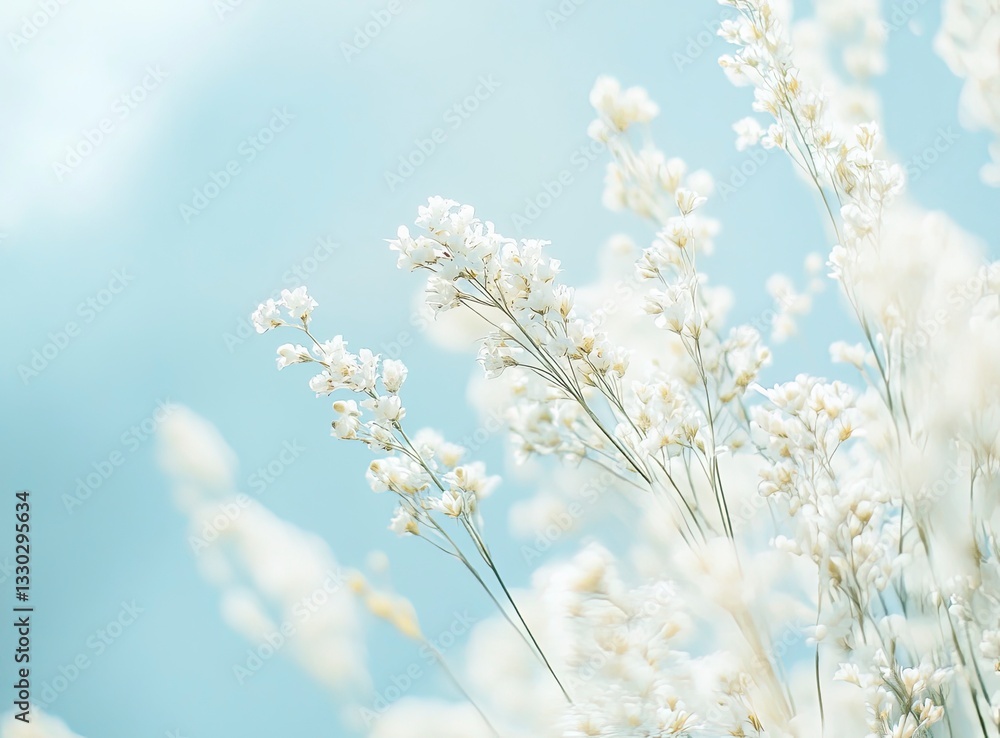 Delicate White Flowers Blooming Against a Soft Blue Sky Background Delicate White Flowers Blooming Against a Soft Blue Sky Background