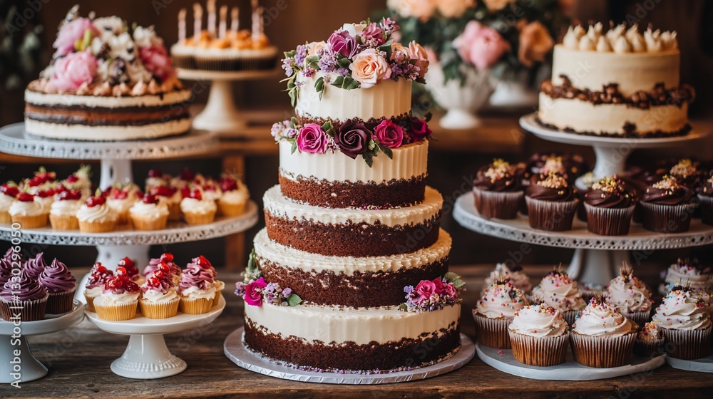 Wedding dessert bar with tiered cakes and cupcakes Wedding dessert bar with tiered cakes and cupcakes