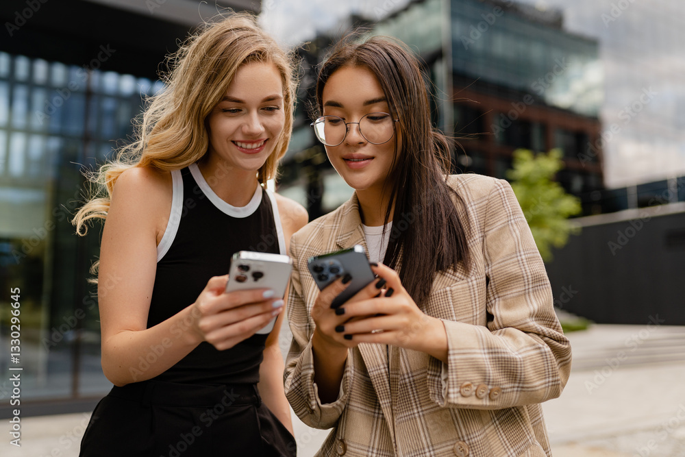 Fototapeta premium young pretty women walking outside in street doing business