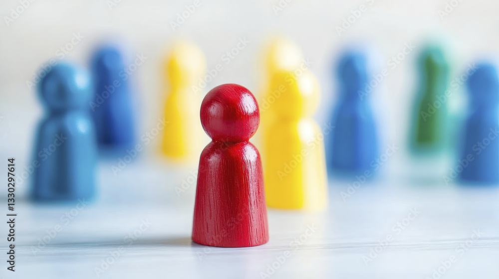 Red wooden figure stands out among colorful figures, symbolizing uniqueness and diversity Red wooden figure stands out among colorful figures, symbolizing uniqueness and diversity