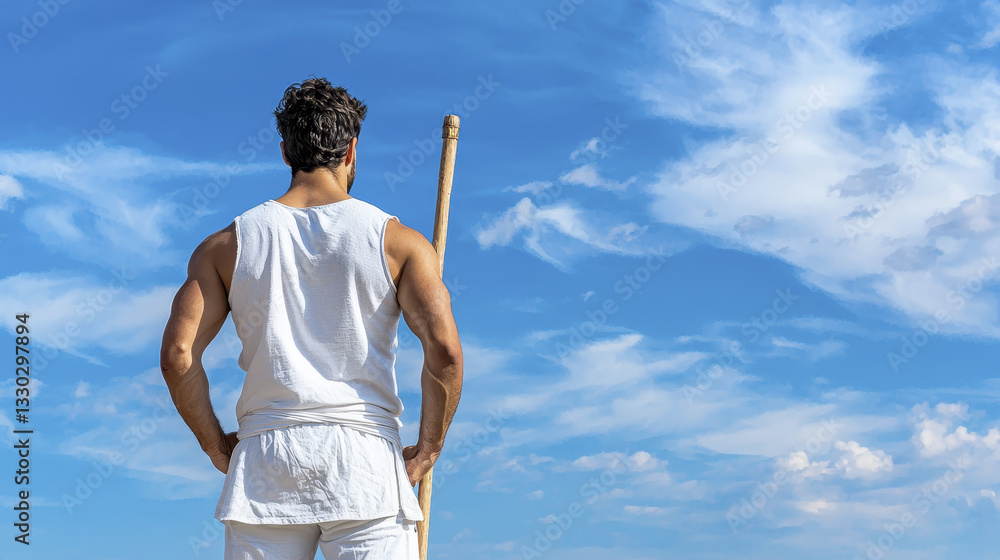 Courageous man standing with staff, gazing at sky, embodying strength and determination Courageous man standing with staff, gazing at sky, embodying strength and determination