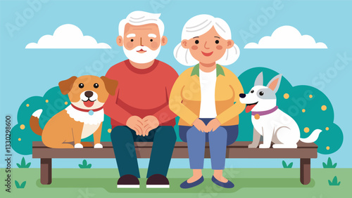 A happy elderly couple sitting on a bench with their duo of adopted senior dogs grateful for the new addition to their family.. Vector illustration