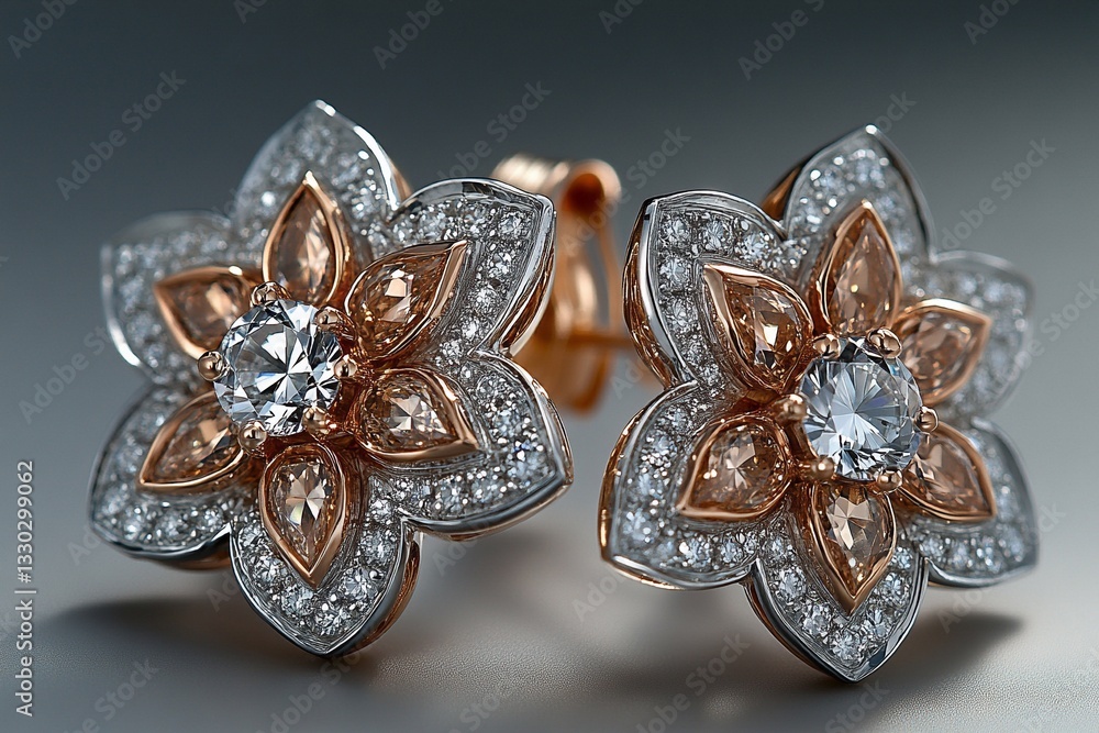 Fototapeta premium Exquisite floral design earrings crafted with diamonds and rose gold accents showcasing elegance