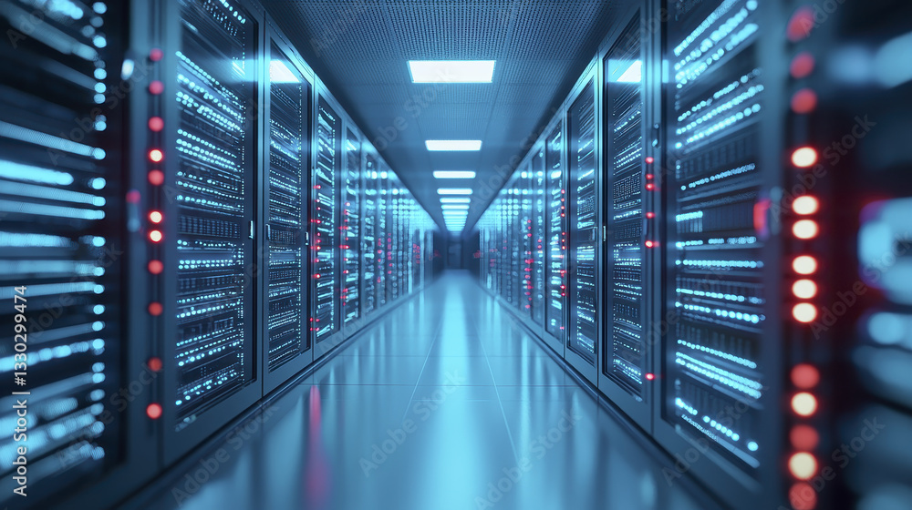 High tech data center with illuminated server racks and cool lighting High tech data center with illuminated server racks and cool lighting