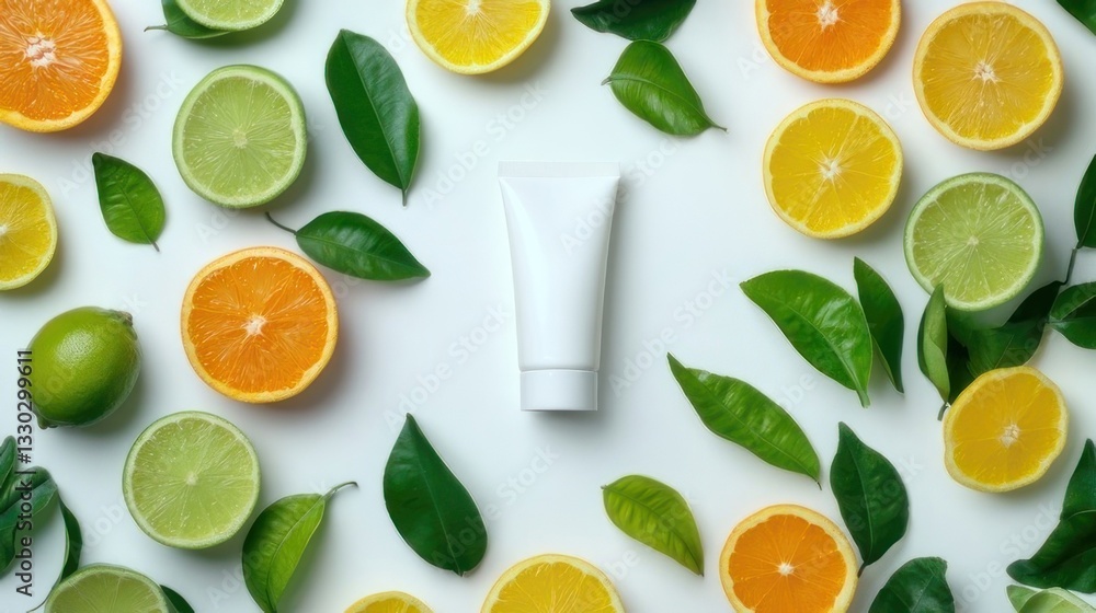 Fresh citrus fruit and leaves surrounding a white cosmetic tube Fresh citrus fruit and leaves surrounding a white cosmetic tube