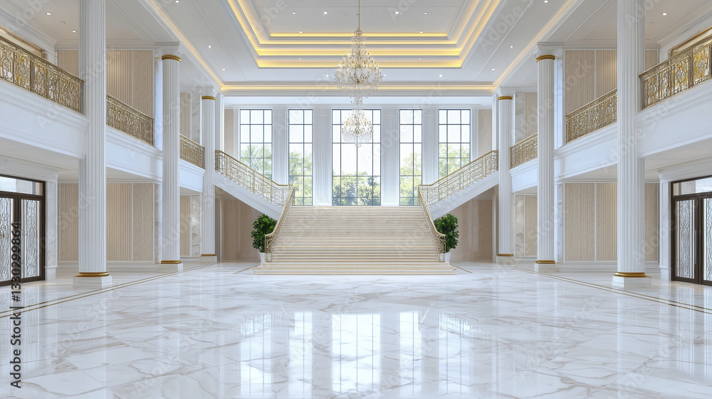 Obraz premium Elegant hotel lobby with grand staircase, marble floor, and chandeliers