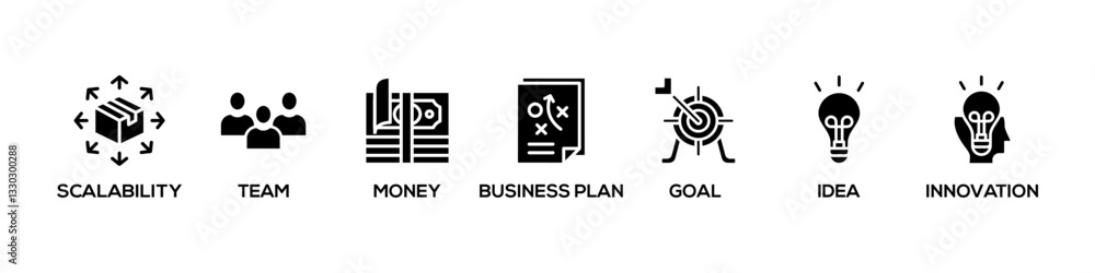 Start up banner web icon vector illustration concept with icon of scalability, team, money, business plan, goal, idea, innovation Start up banner web icon vector illustration concept with icon of scalability, team, money, business plan, goal, idea, innovation
