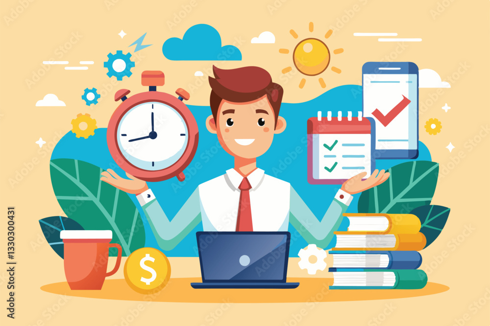 A cheerful cartoon character balances time management tools while working on a laptop surrounded by positive icons, Time management Customizable Cartoon Illustration A cheerful cartoon character balances time management tools while working on a laptop surrounded by positive icons, Time management Customizable Cartoon Illustration
