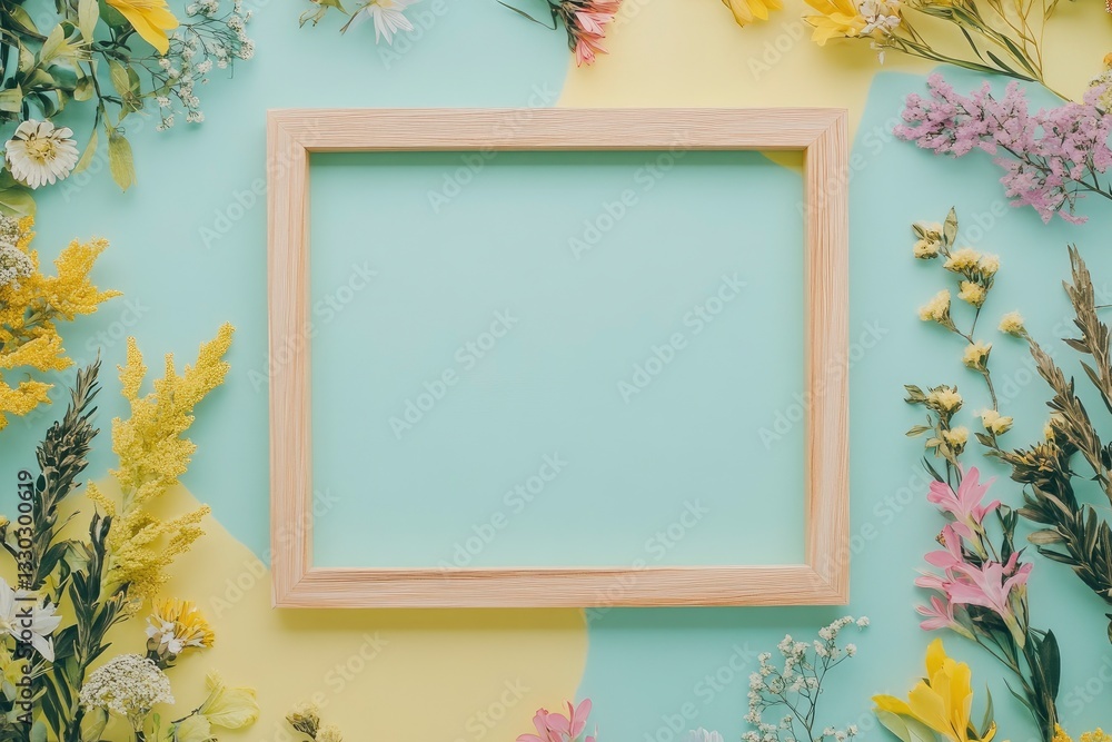 Wooden Frame on Pastel Background Surrounded by Colorful Flowers for Mockup Wooden Frame on Pastel Background Surrounded by Colorful Flowers for Mockup