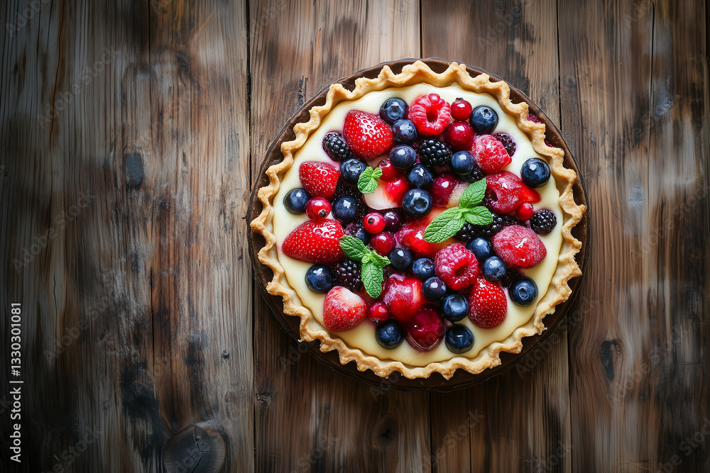 A homemade berry tart filled with fresh strawberries, blueberries, raspberries, and mint leaves. A perfect gourmet dessert for summer parties and bakery menus A homemade berry tart filled with fresh strawberries, blueberries, raspberries, and mint leaves. A perfect gourmet dessert for summer parties and bakery menus