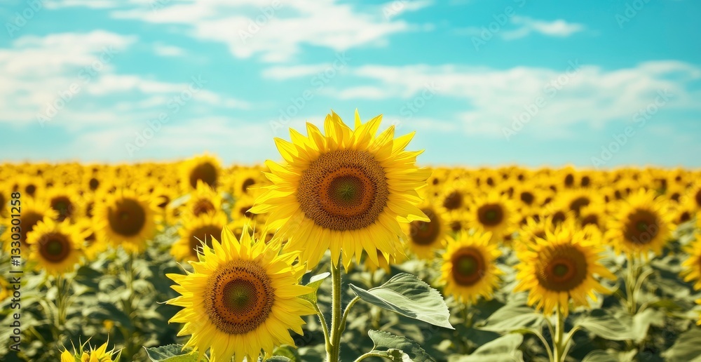Blooming Sunflower Field Under Bright Blue Sky on Sunny Day Blooming Sunflower Field Under Bright Blue Sky on Sunny Day