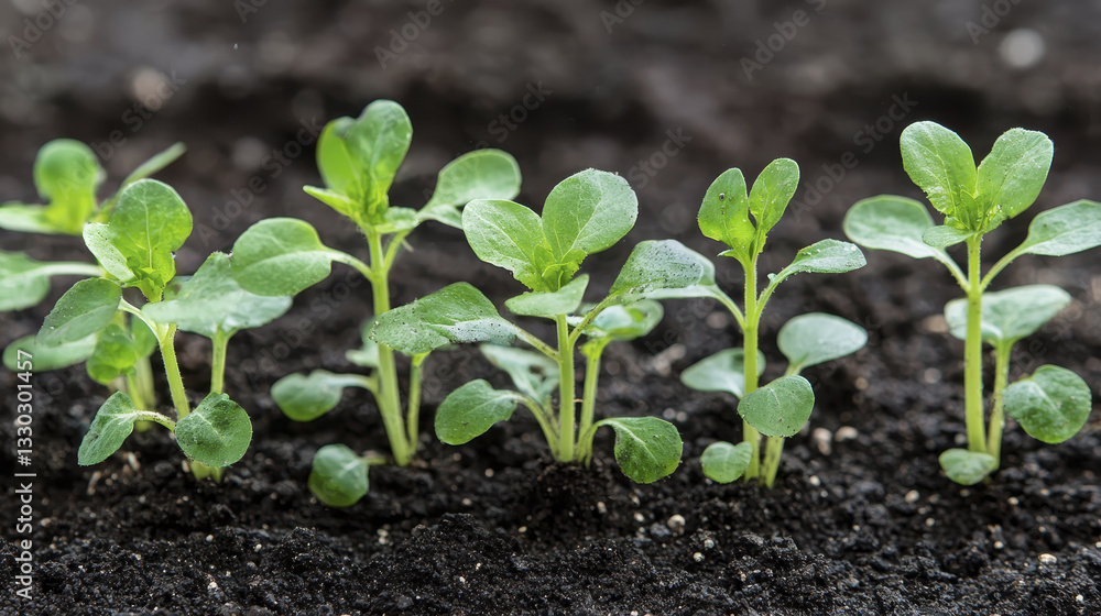 Young green seedlings growing in dark soil, symbolizing growth and potential Young green seedlings growing in dark soil, symbolizing growth and potential