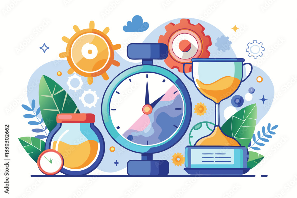 Obraz premium A vibrant arrangement of timers, gears, and a trophy illustrating the concepts of time management and productivity, Timer for setting deadlines, managing time and building efficient workflow,