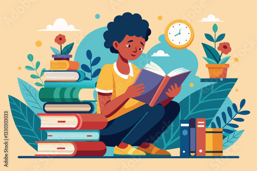 A child sits on the floor reading a book, surrounded by colorful plants and piles of books, Time to learn, reading a books