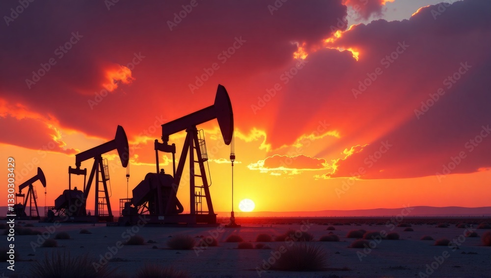 Oil pumps silhouetted against a vibrant sunset in a desert landscape, symbolizing energy production and industrial beauty. Oil pumps silhouetted against a vibrant sunset in a desert landscape, symbolizing energy production and industrial beauty.
