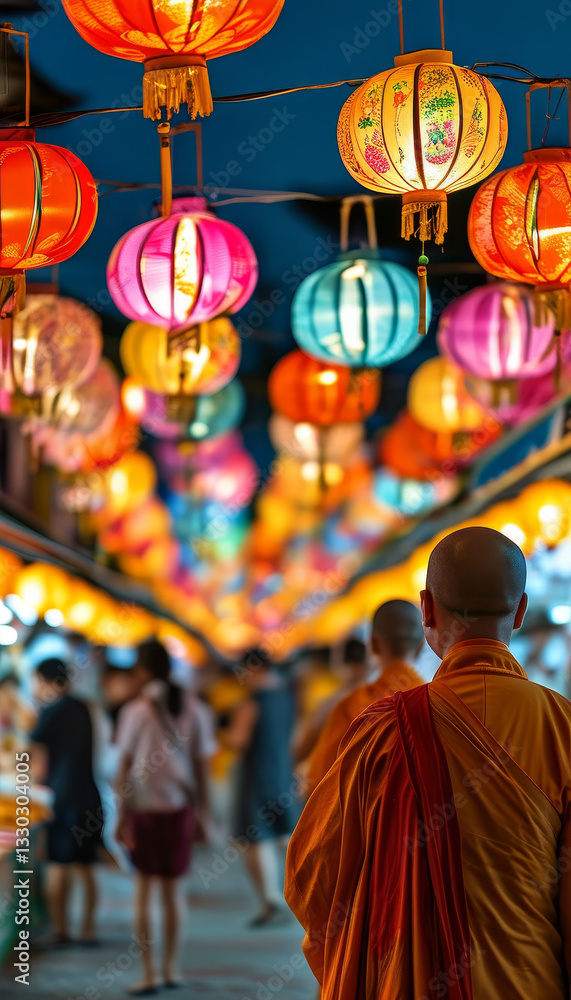 Obraz premium Buddhist Mid-Autumn Festival celebration, a lively Mid-Autumn Festival night market, filled with people buying mooncakes, colorful lanterns hanging overhead, and Buddhist monks offering blessings 