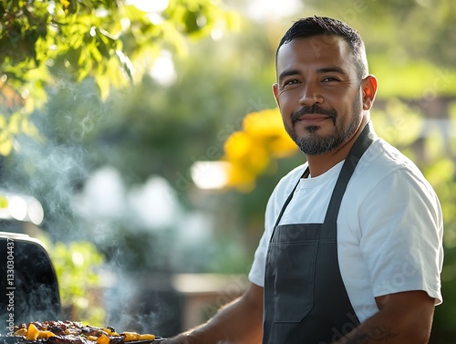 Smiling man grilling outdoors.