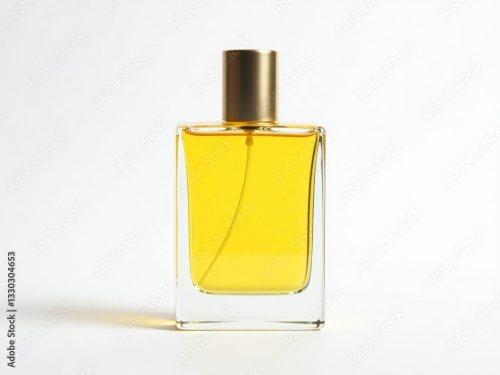 A vibrant yellow perfume bottle with a gold cap, elegantly showcased on a white background, representing luxury and modern elegance. A vibrant yellow perfume bottle with a gold cap, elegantly showcased on a white background, representing luxury and modern elegance.
