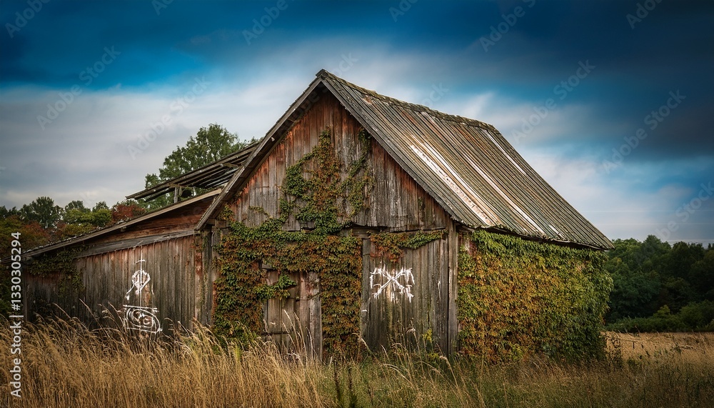 A dilapidated wooden barn at the edge of a field, covered in creeping vines and shrouded in mystery, evoking a sense of abandoned beauty and rustic charm in a rural landscape.
A dilapidated wooden barn at the edge of a field, covered in creeping vines and shrouded in mystery, evoking a sense of abandoned beauty and rustic charm in a rural landscape.