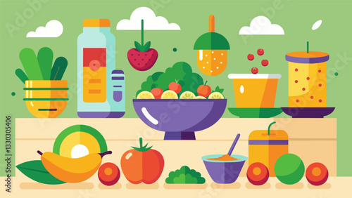 Brightly colored vegetables and fruits are beautifully displayed as participants learn to make fresh and flavorful smoothie bowls in an interactive. Vector illustration