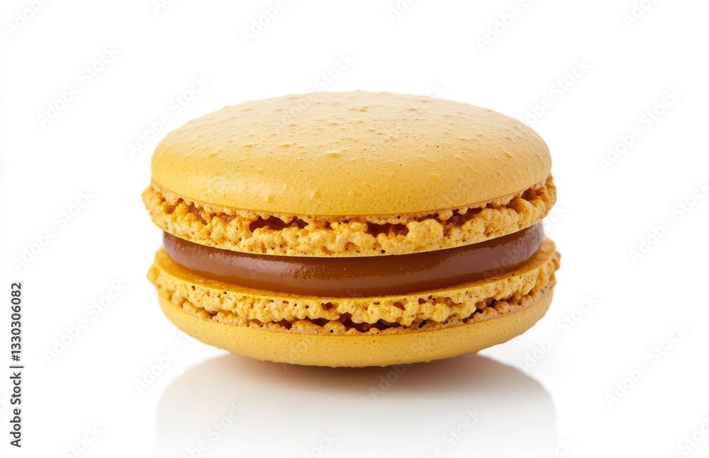 Close-up Shot of a Yellow Macaron with Caramel Filling on White Close-up Shot of a Yellow Macaron with Caramel Filling on White