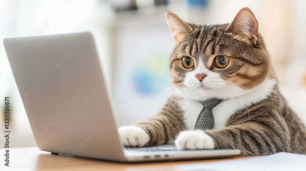 Professional tabby cat in necktie working at laptop with focused expression Professional tabby cat in necktie working at laptop with focused expression