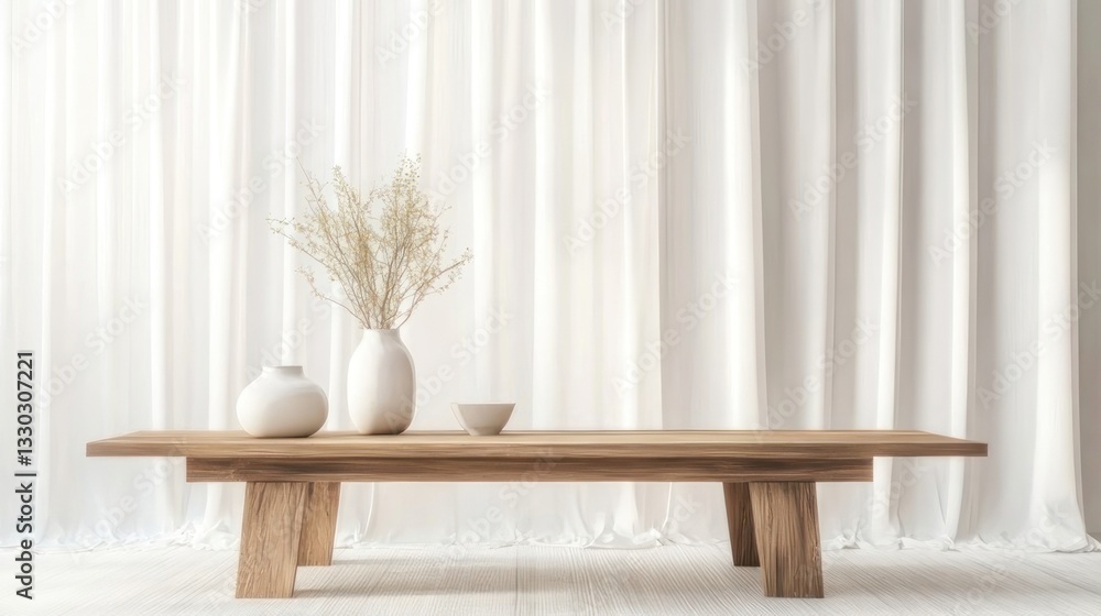 Minimalist wooden coffee table with delicate vase arrangement against sheer white curtains Minimalist wooden coffee table with delicate vase arrangement against sheer white curtains