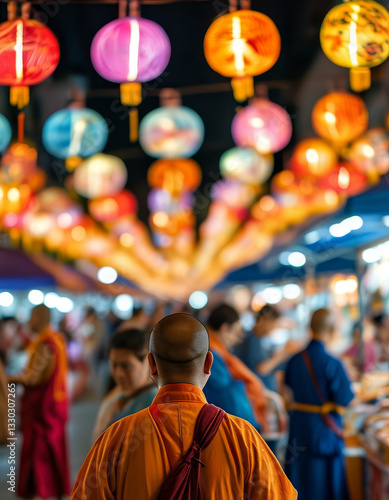 Wallpaper Mural Buddhist Mid-Autumn Festival celebration, a lively Mid-Autumn Festival night market, filled with people buying mooncakes, colorful lanterns hanging overhead, and Buddhist monks offering blessings  Torontodigital.ca