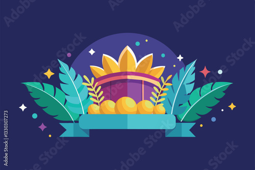 This vibrant illustration showcases a decorative tinsel arrangement surrounded by colorful leaves and shapes, Tinsels Customizable Semi Flat Illustration