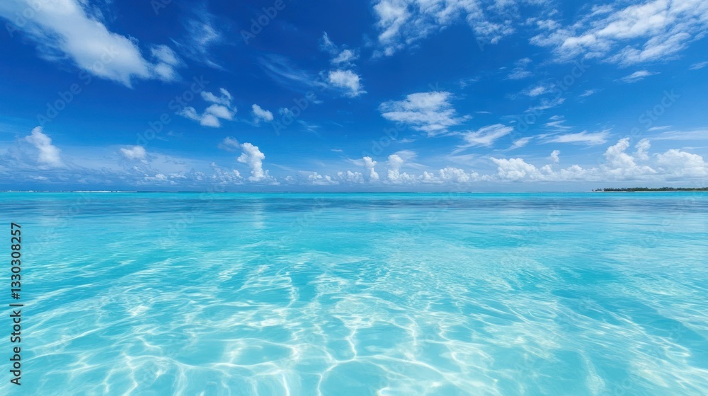 Fototapeta premium The clear blue ocean extends beneath a bright partly cloudy sky