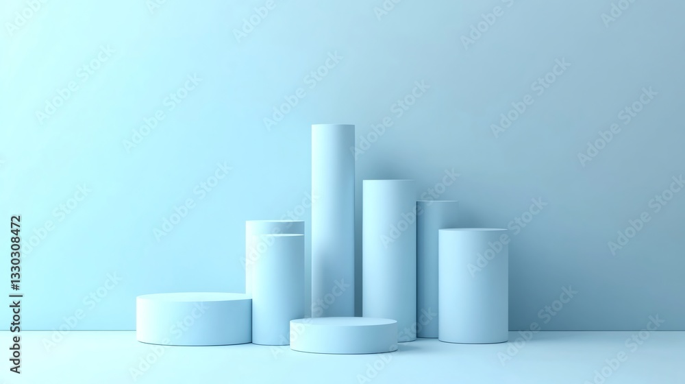 Light blue cylindrical and circular podiums forming a diagonal line on light blue background Light blue cylindrical and circular podiums forming a diagonal line on light blue background