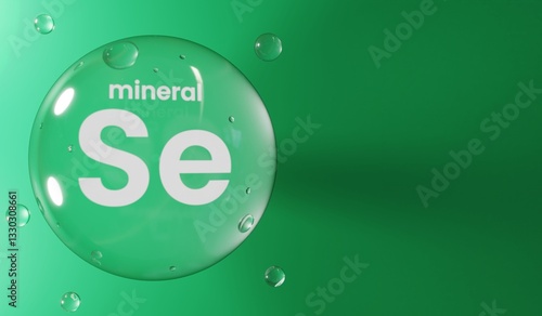 Selenium mineral in a transparent bubble on green background