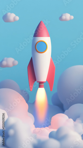 Cartoon rocket flying through clouds, representing business startup, innovation, and growth