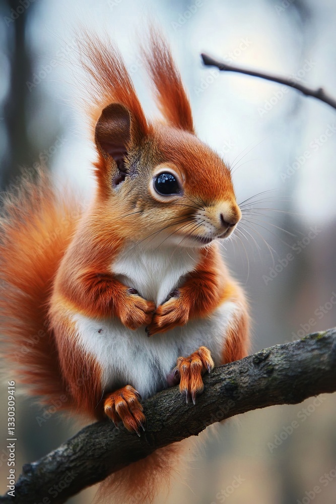 Fototapeta premium Cute squirrel sitting on tree branch in the forest