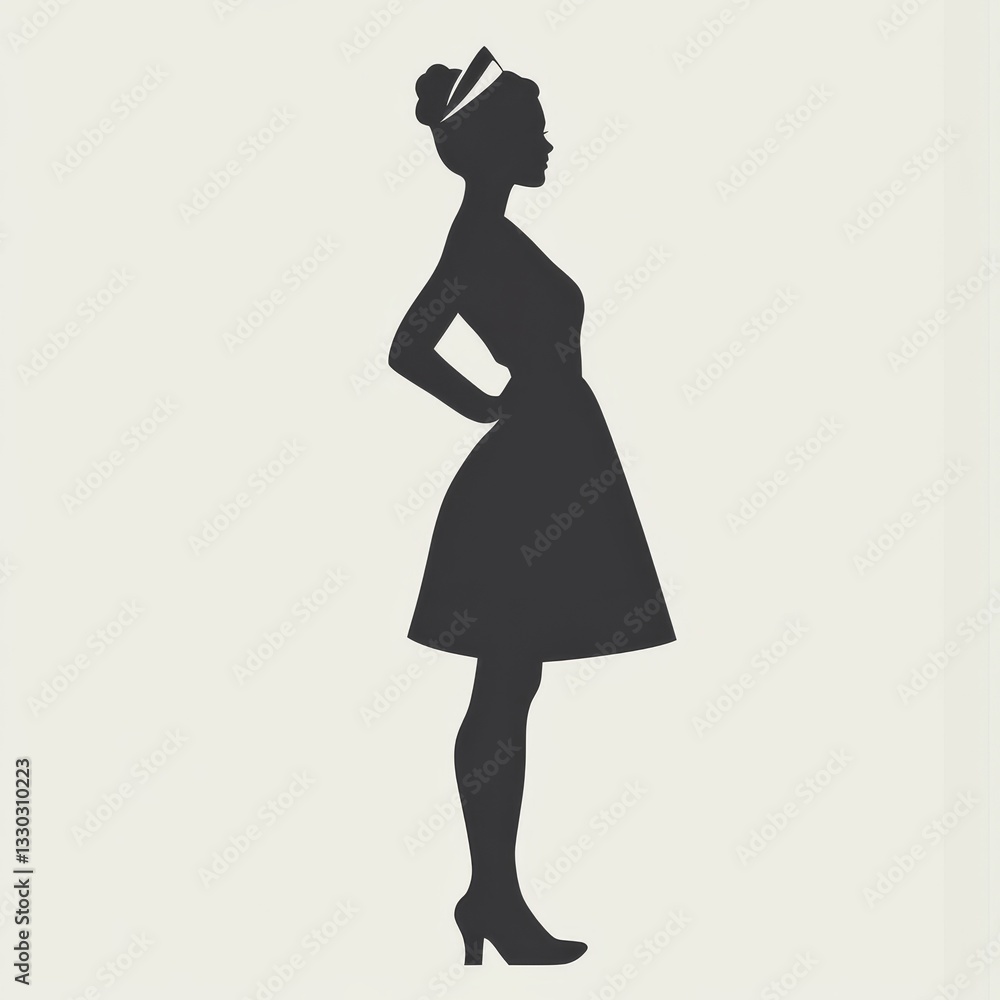 Retro Silhouette of a Woman in a Dress and Heeled Shoes with Stylish Hairstyle on Cream Background Retro Silhouette of a Woman in a Dress and Heeled Shoes with Stylish Hairstyle on Cream Background