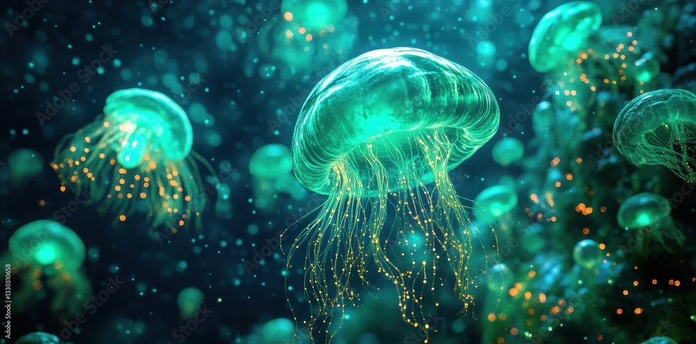 Beautiful luminous jellyfish floating and illuminated in the deep ocean water Beautiful luminous jellyfish floating and illuminated in the deep ocean water