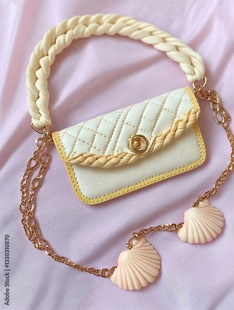 Fototapeta premium Quilted cream handbag with seashell accents, a delightful summer accessory